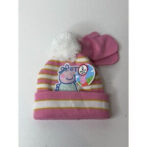 Peppa Pig Hat Girls Kids Beanie Gloves Pom Pom Pink White Striped Winter Cap